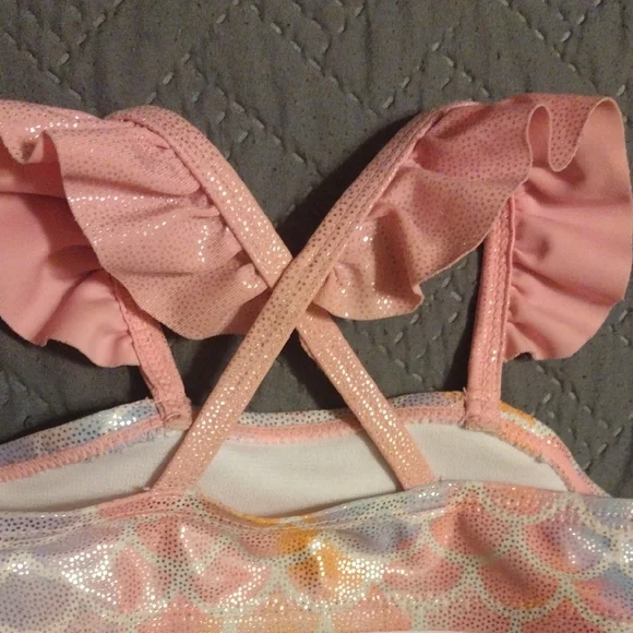 Pink and Multicolor Kids Mermaid Bikini 3 Pc Set. - Picture 7 of 7
